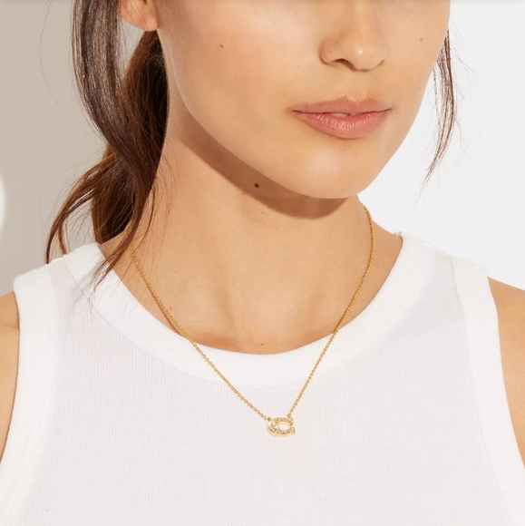 $88 Rare COACH Retired Gold Plated Pave Crystal C Logo Necklace - Picture 5 of 5